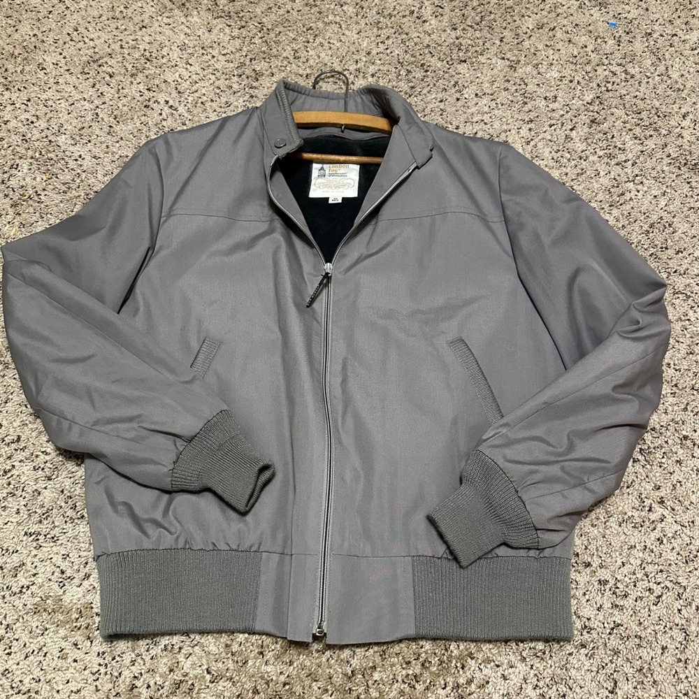 London Fog Bomber Jacket Mens 42 Reg Grey Excellent Harrington Zip Up Coat Vtge